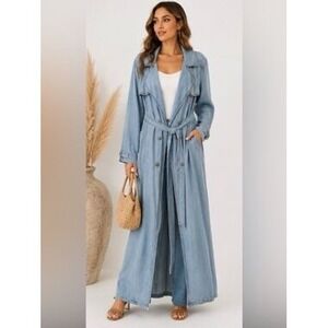 Melrose With Love Women Light Wash Denim Longline Trench Coat Belted Size L NWT